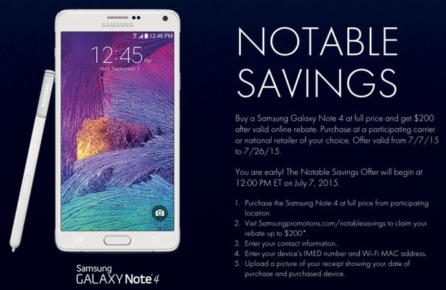 Fotografía - Ahorros notables [Trato Alerta] de Samsung ofrecen $ 200 Reembolso En completa Precio Galaxy Note 4 compras, válido hasta el 26 de julio 2015
